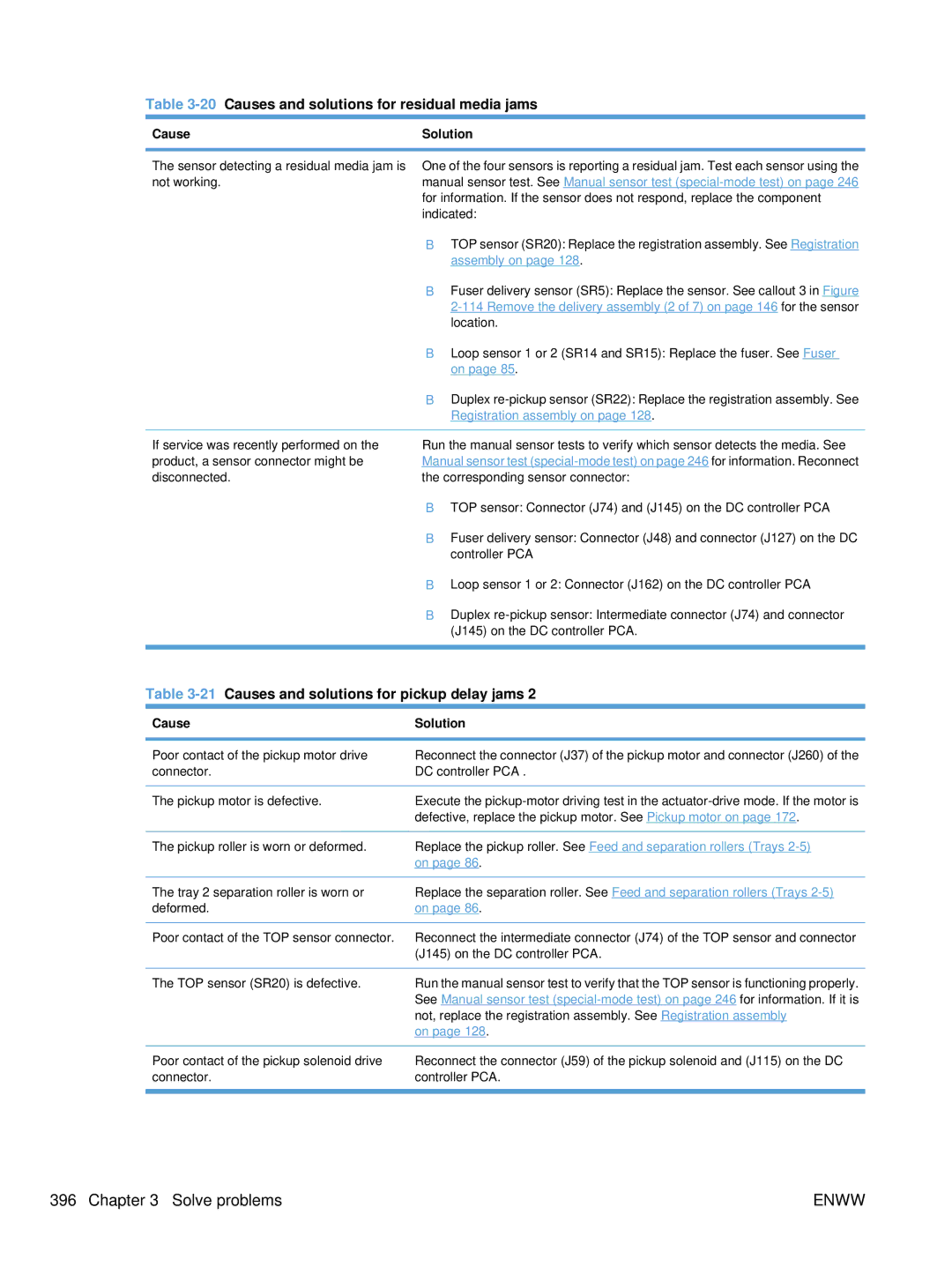 HP Enterprise CC490A manual 20Causes and solutions for residual media jams, 21Causes and solutions for pickup delay jams 