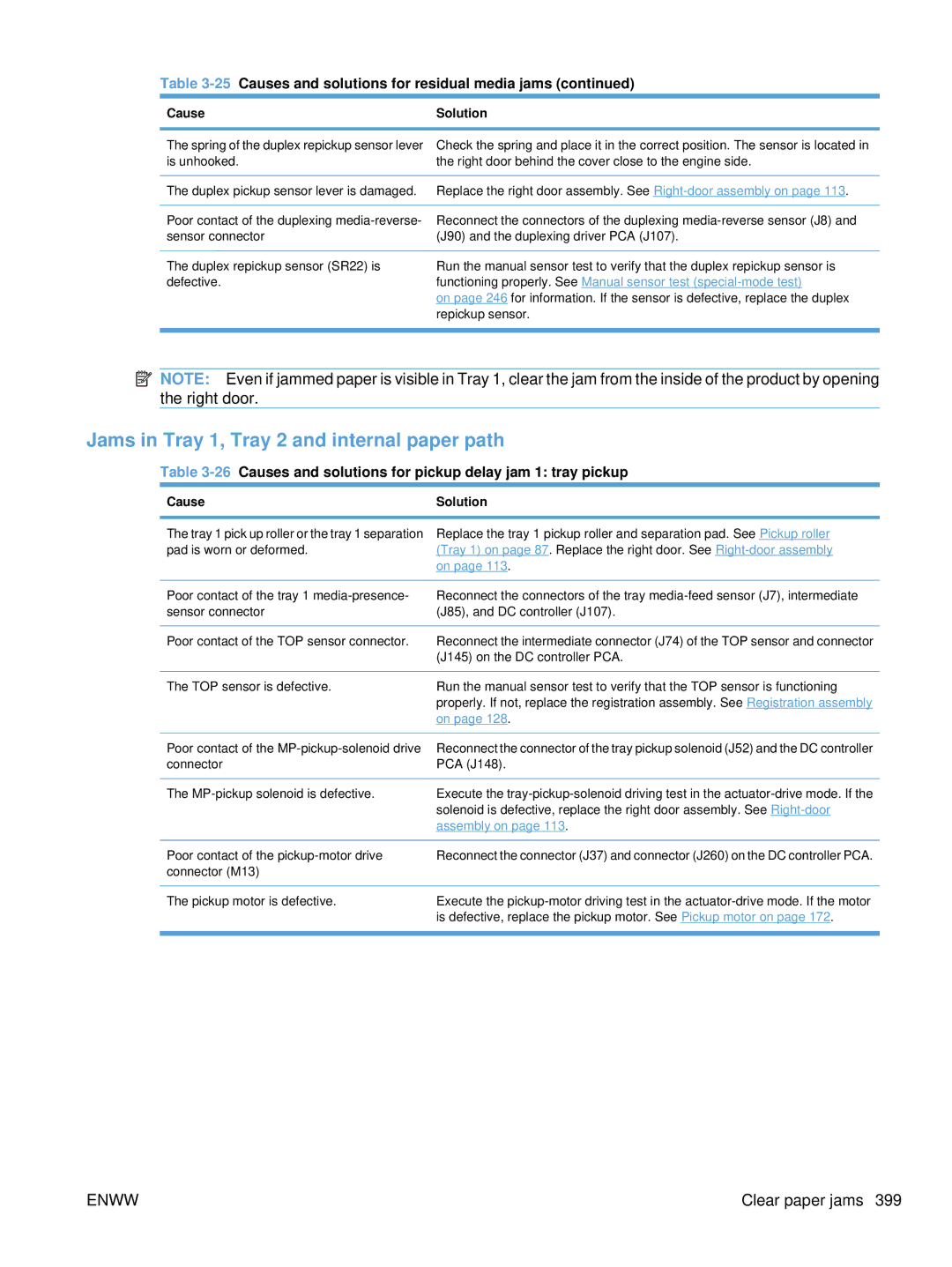 HP Enterprise CC490A manual Jams in Tray 1, Tray 2 and internal paper path 