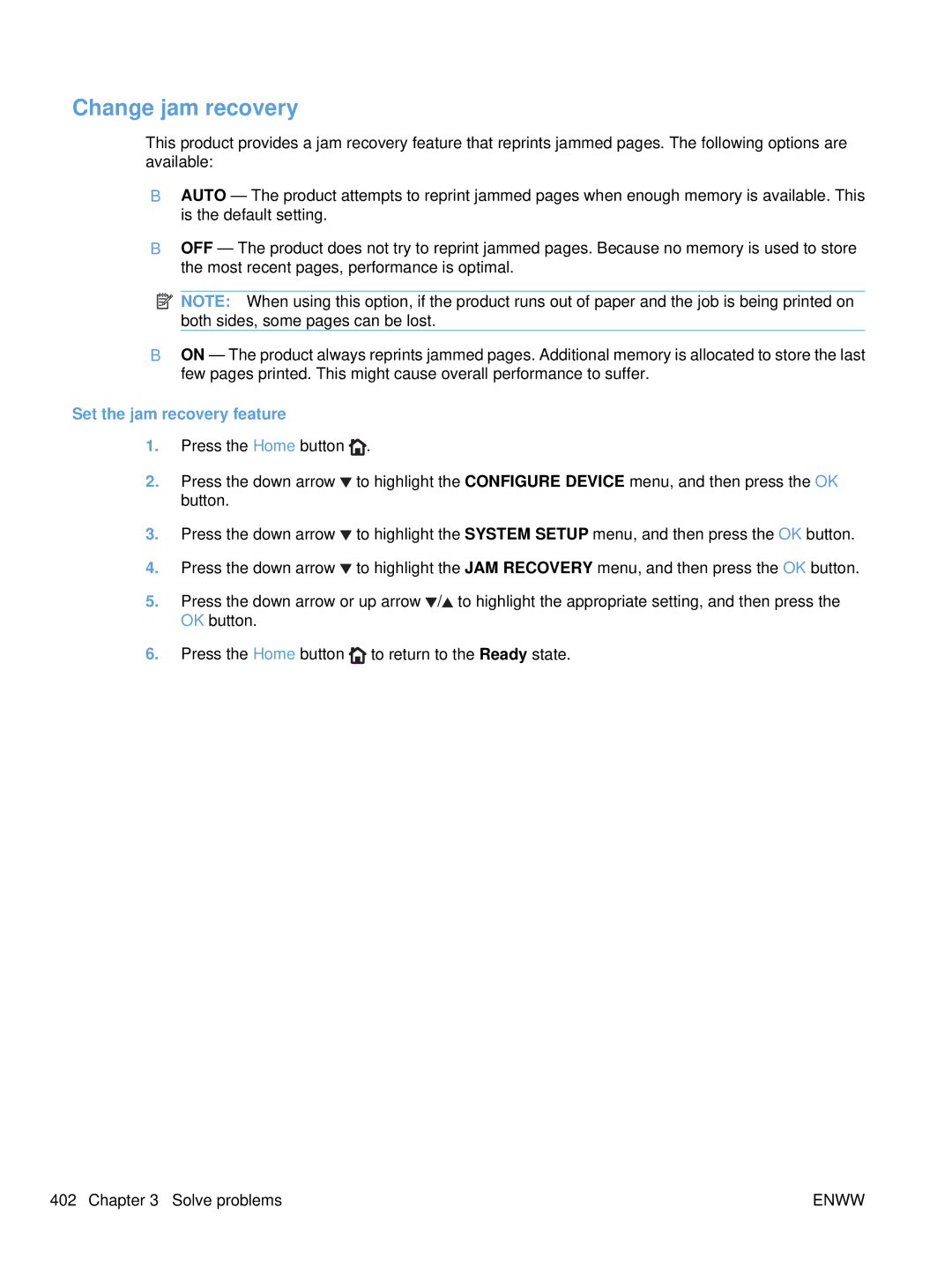 HP Enterprise CC490A manual Change jam recovery, Set the jam recovery feature 