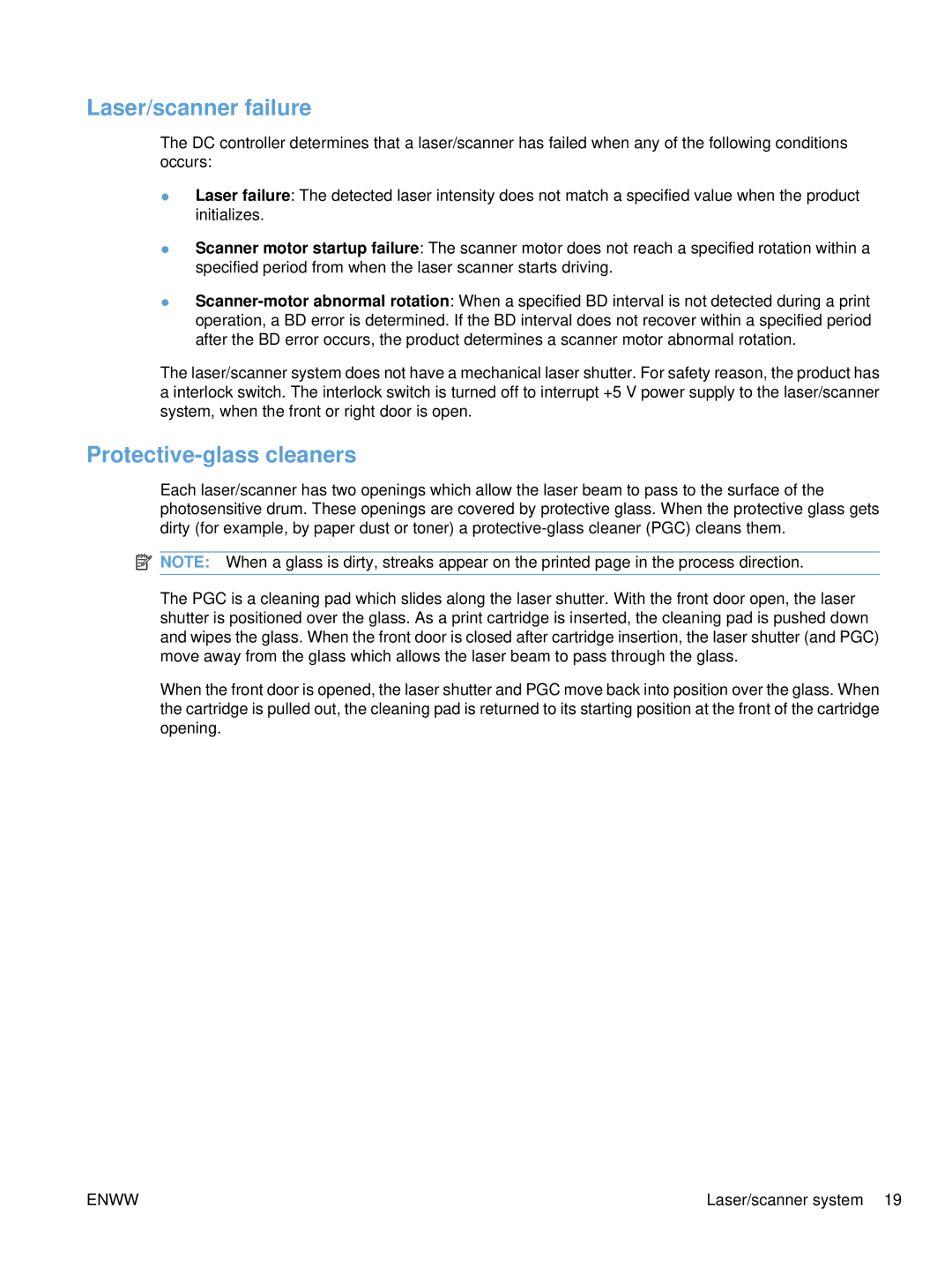 HP Enterprise CC490A manual Laser/scanner failure, Protective-glass cleaners 