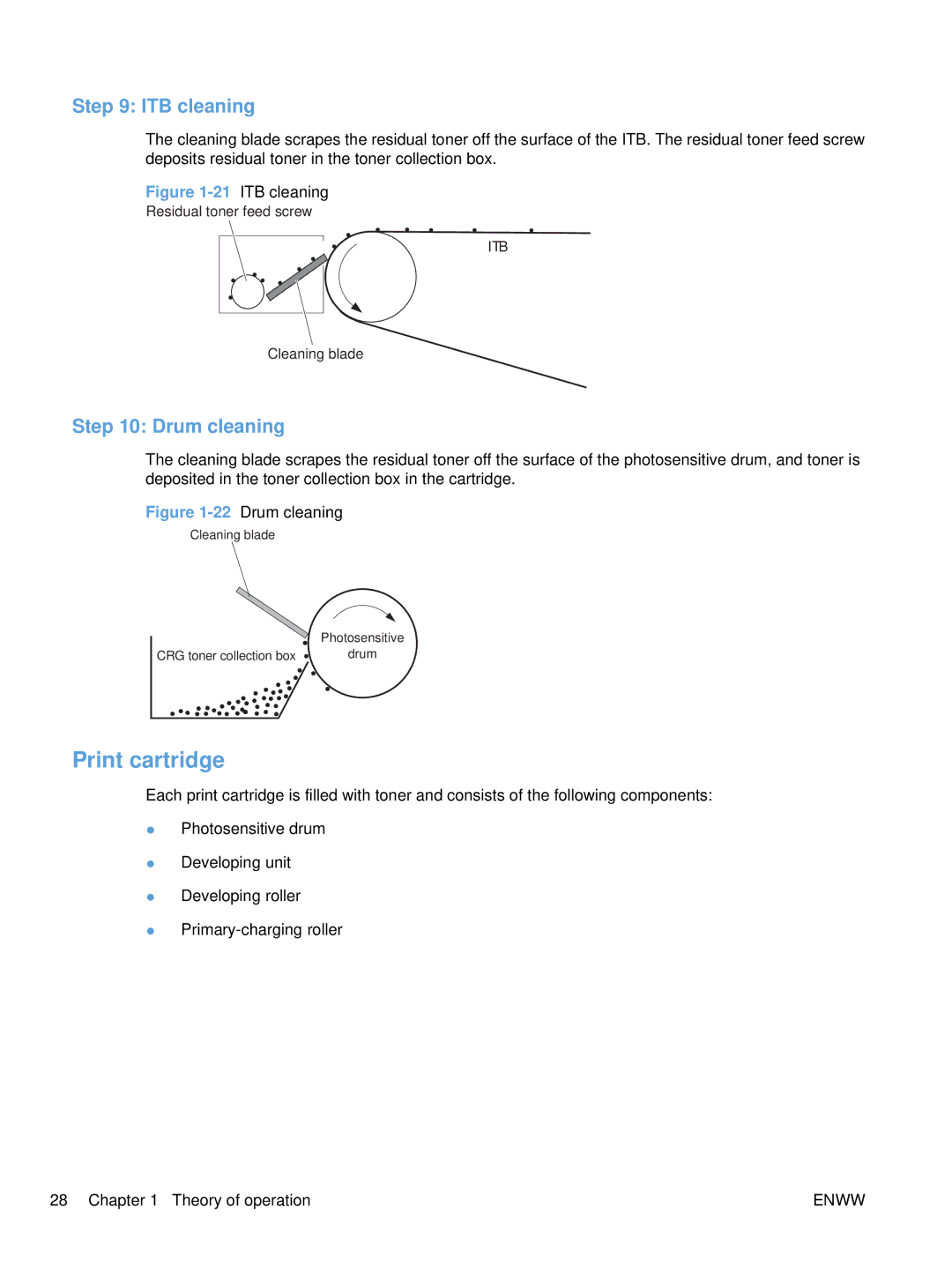 HP Enterprise CC490A manual Print cartridge, ITB cleaning, Drum cleaning 