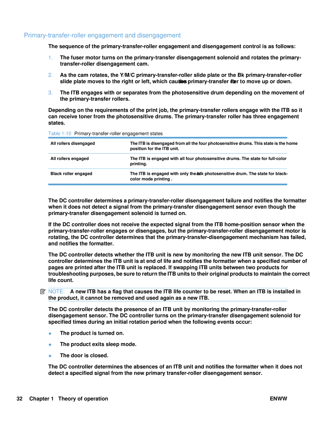 HP Enterprise CC490A Primary-transfer-roller engagement and disengagement, 10Primary-transfer-roller engagement states 