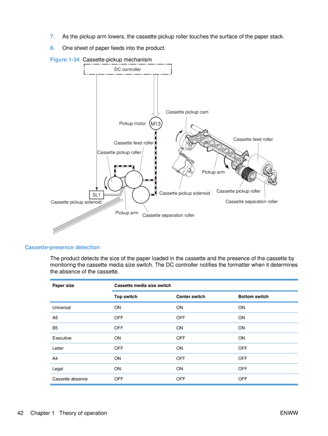 HP Enterprise CC490A manual Cassette-presence detection, Paper size, Top switch Center switch Bottom switch 