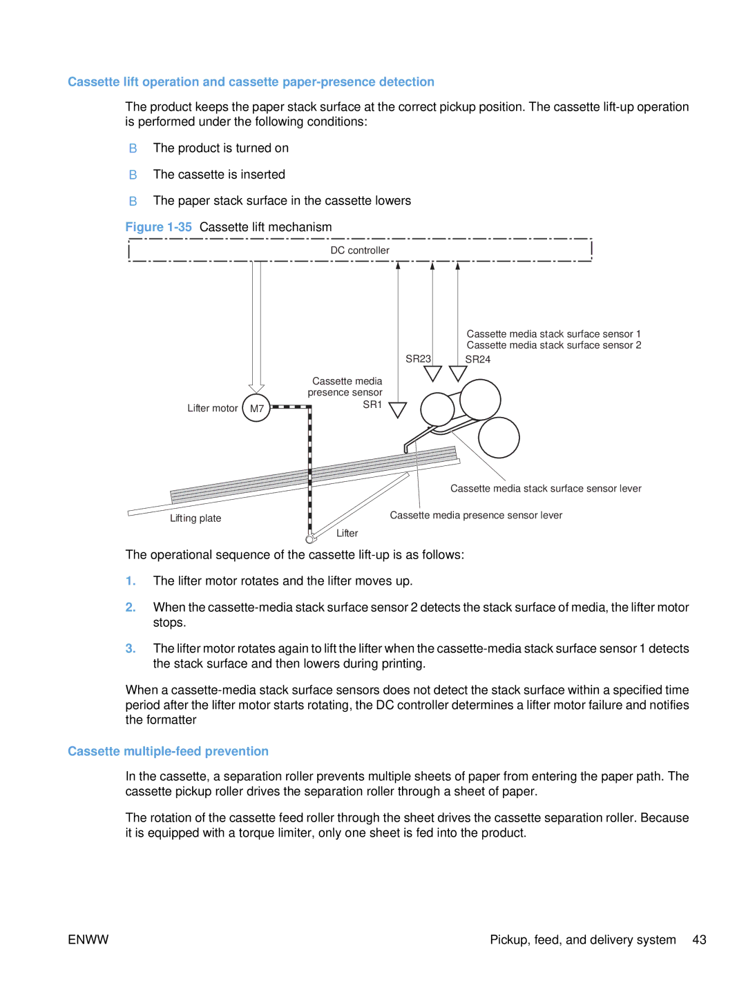 HP Enterprise CC490A manual 35Cassette lift mechanism, Cassette multiple-feed prevention 