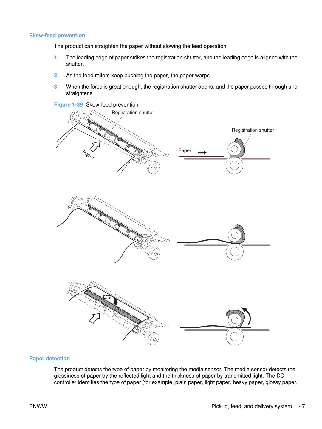 HP Enterprise CC490A manual Skew-feed prevention, Paper detection 