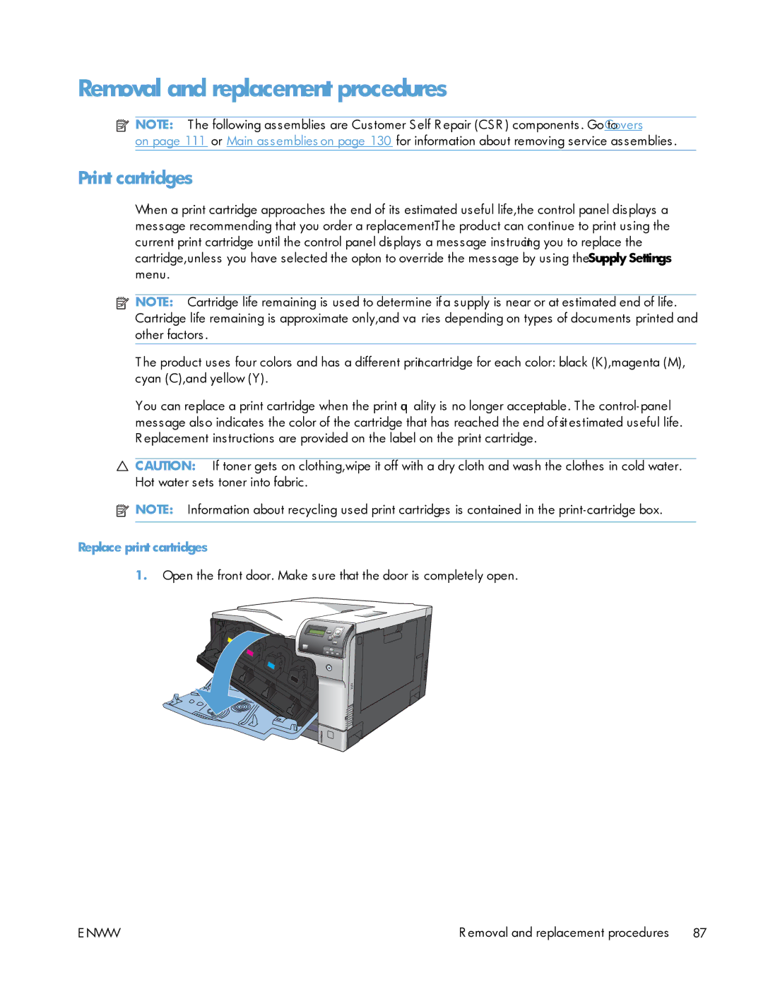 HP Enterprise CP5525 manual Removal and replacement procedures, Replace print cartridges 