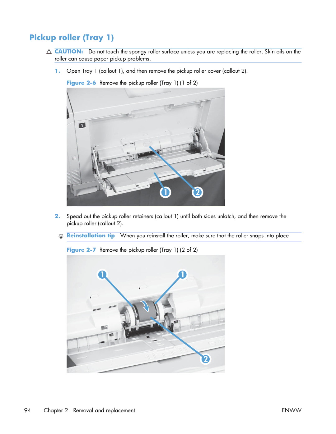 HP Enterprise CP5525 manual Pickup roller Tray, 7Remove the pickup roller Tray 1 2 Removal and replacement 