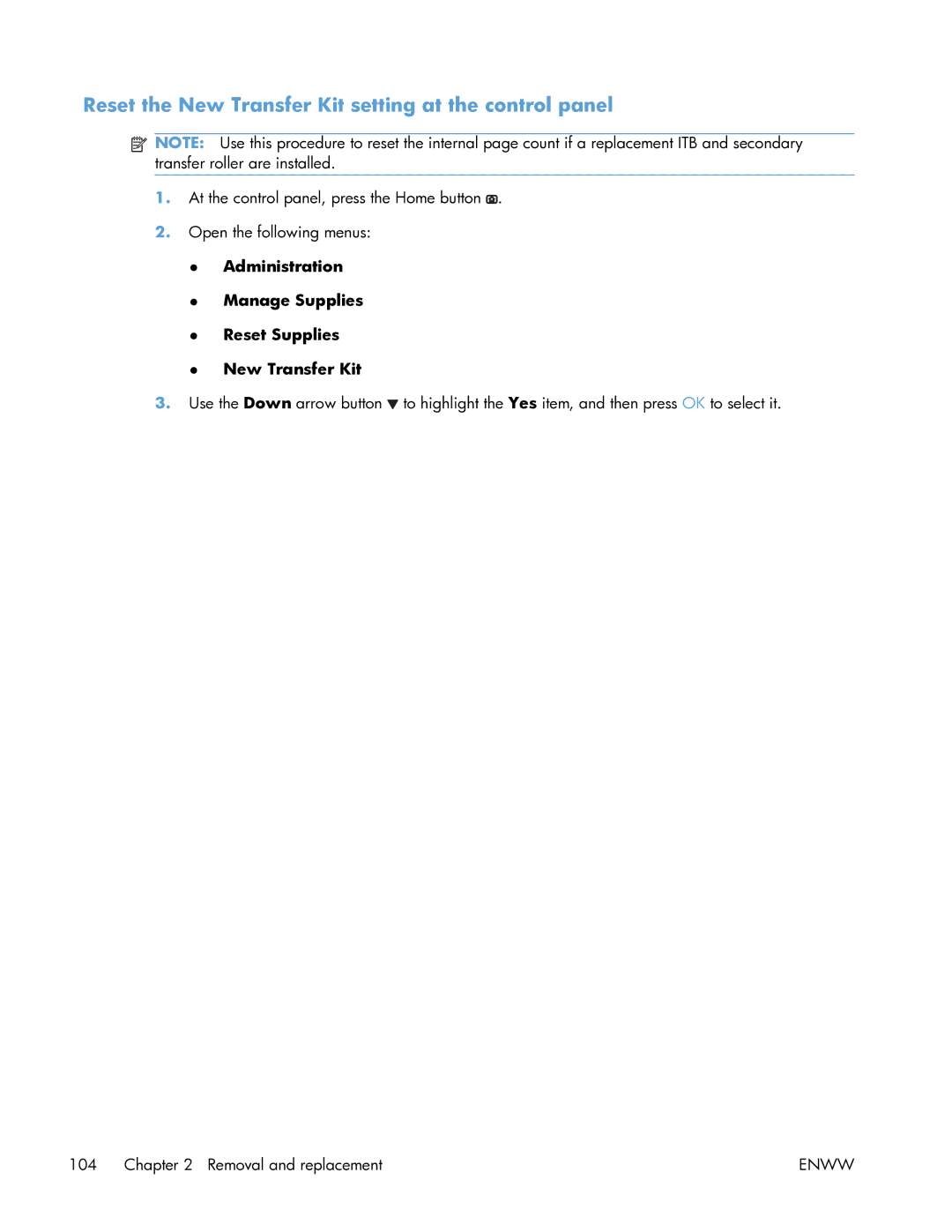 HP Enterprise CP5525 manual Reset the New Transfer Kit setting at the control panel 