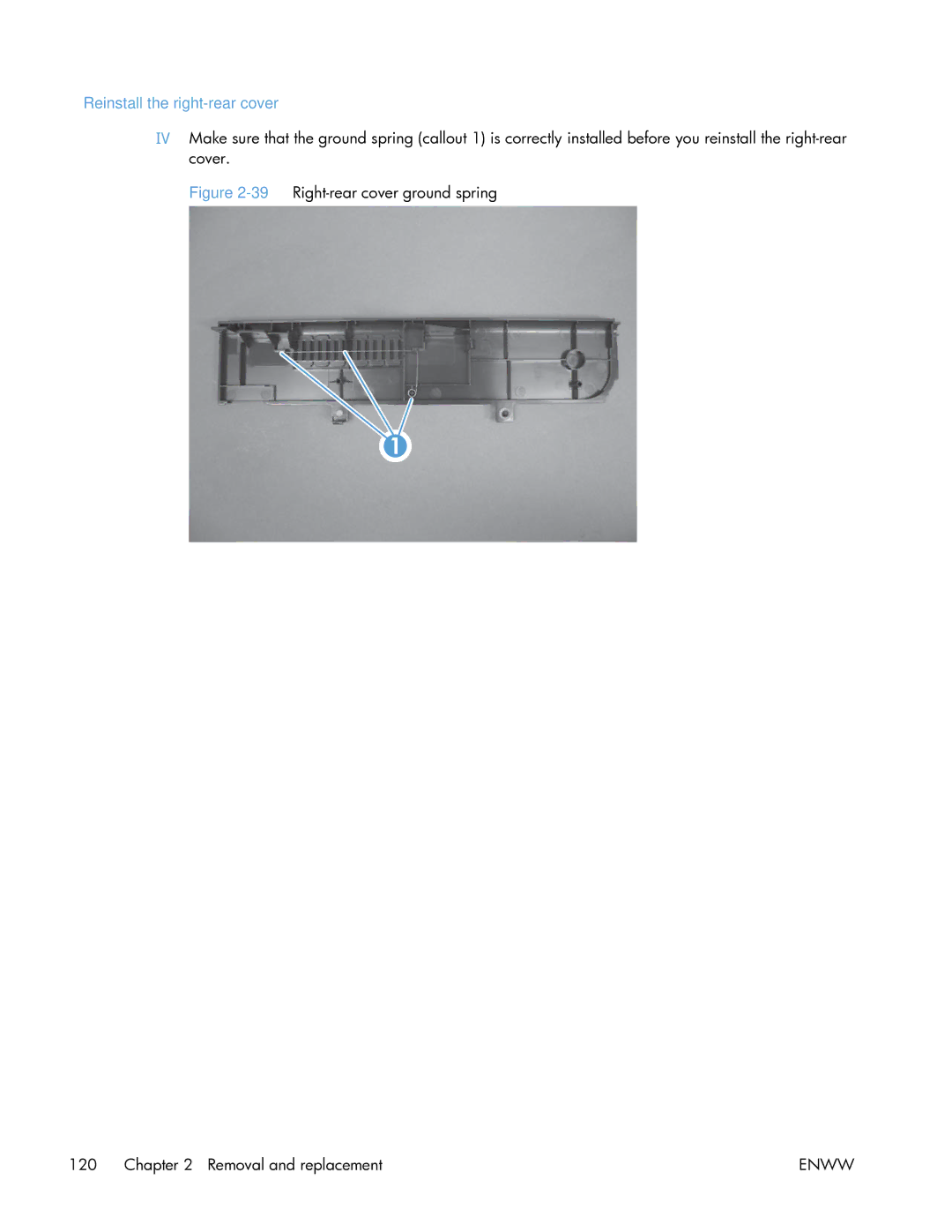 HP Enterprise CP5525 manual Reinstall the right-rear cover, 39Right-rear cover ground spring Removal and replacement 