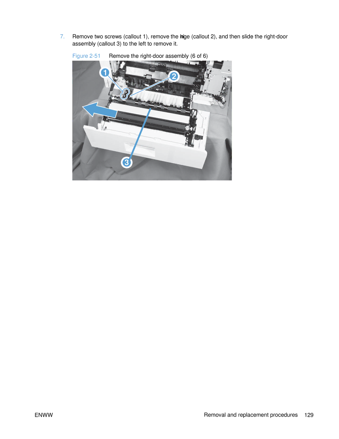 HP Enterprise CP5525 manual 51Remove the right-door assembly 6 