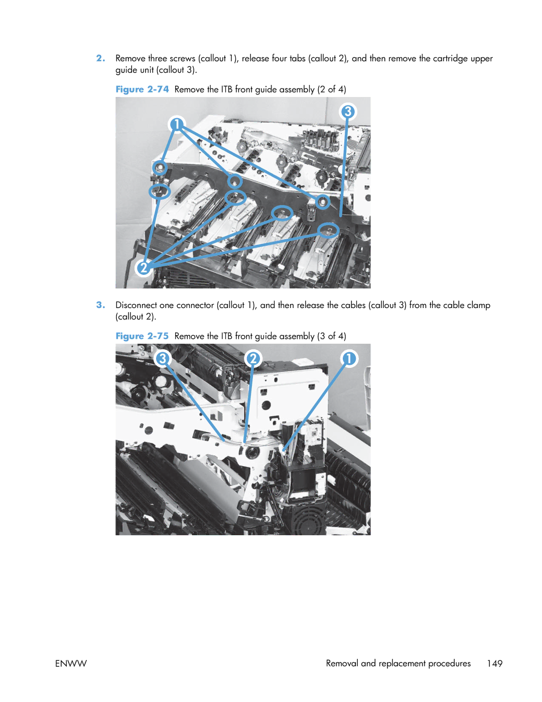 HP Enterprise CP5525 manual 75Remove the ITB front guide assembly 3 