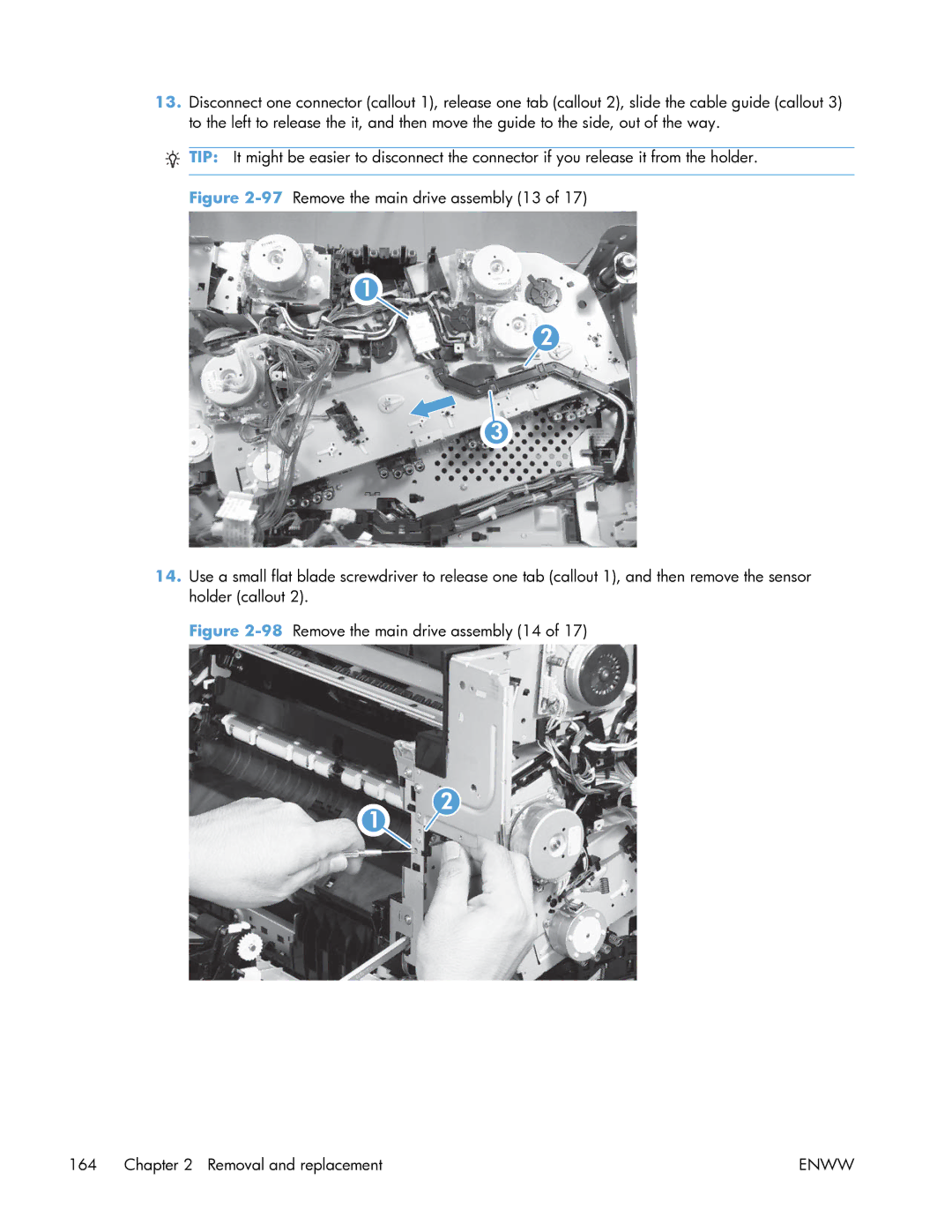 HP Enterprise CP5525 manual 98Remove the main drive assembly 14 Removal and replacement 