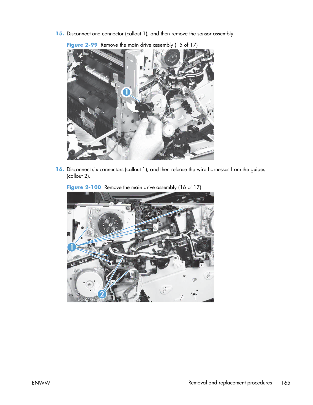 HP Enterprise CP5525 manual 100Remove the main drive assembly 16 