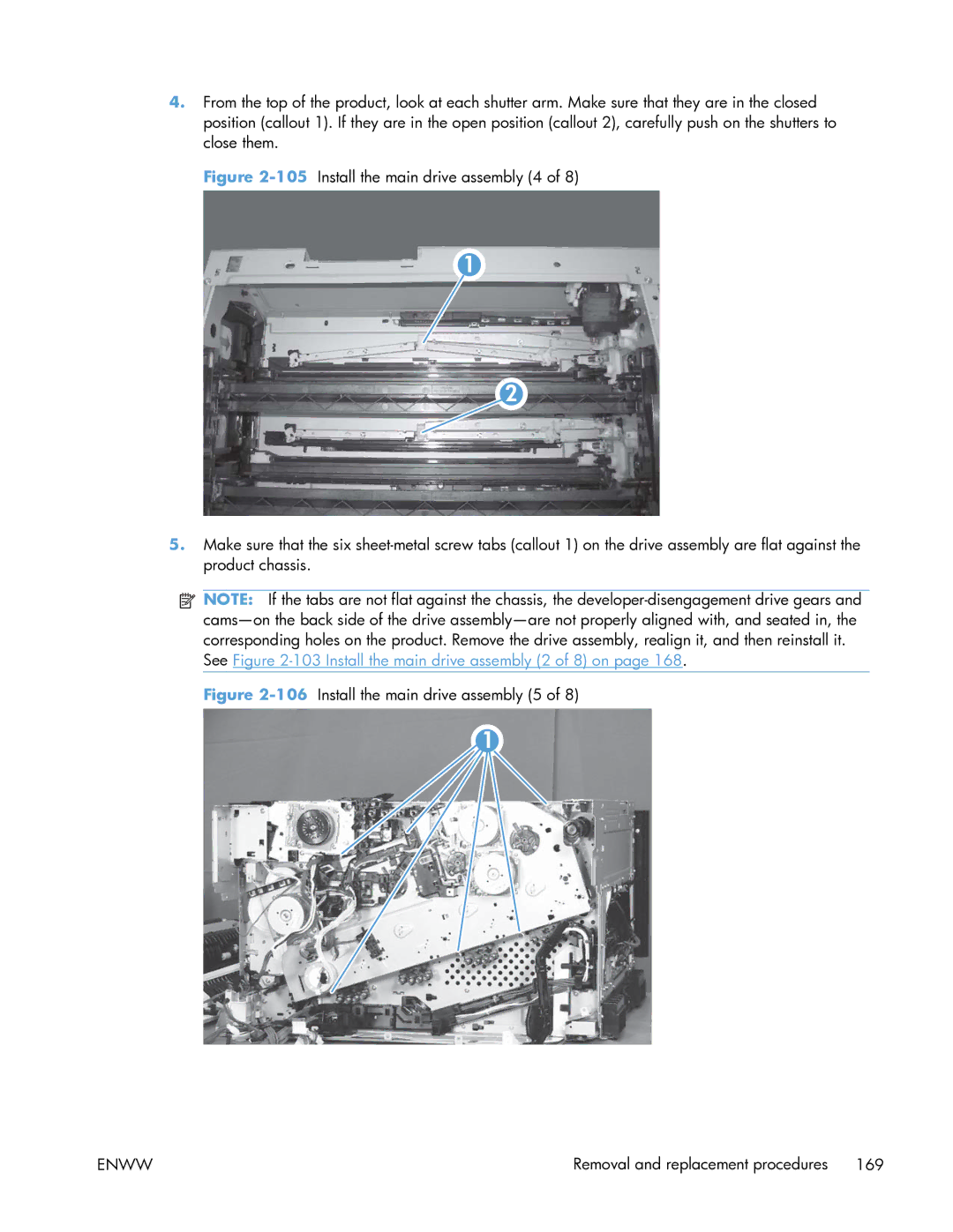 HP Enterprise CP5525 manual See -103 Install the main drive assembly 2 of 8 on 