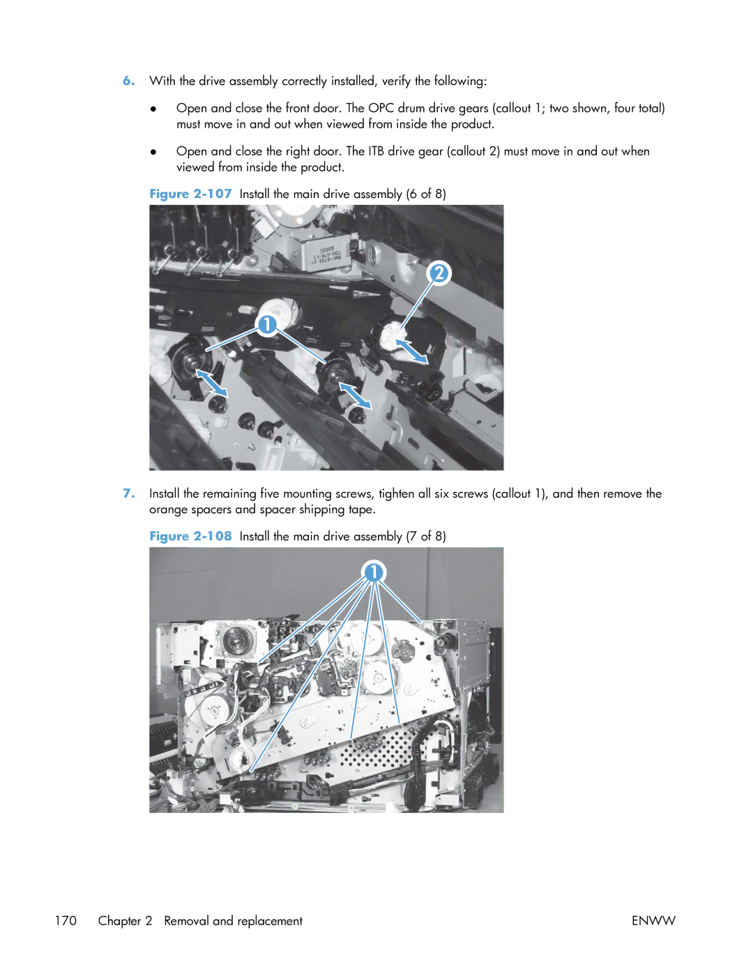 HP Enterprise CP5525 manual 108Install the main drive assembly 7 Removal and replacement 