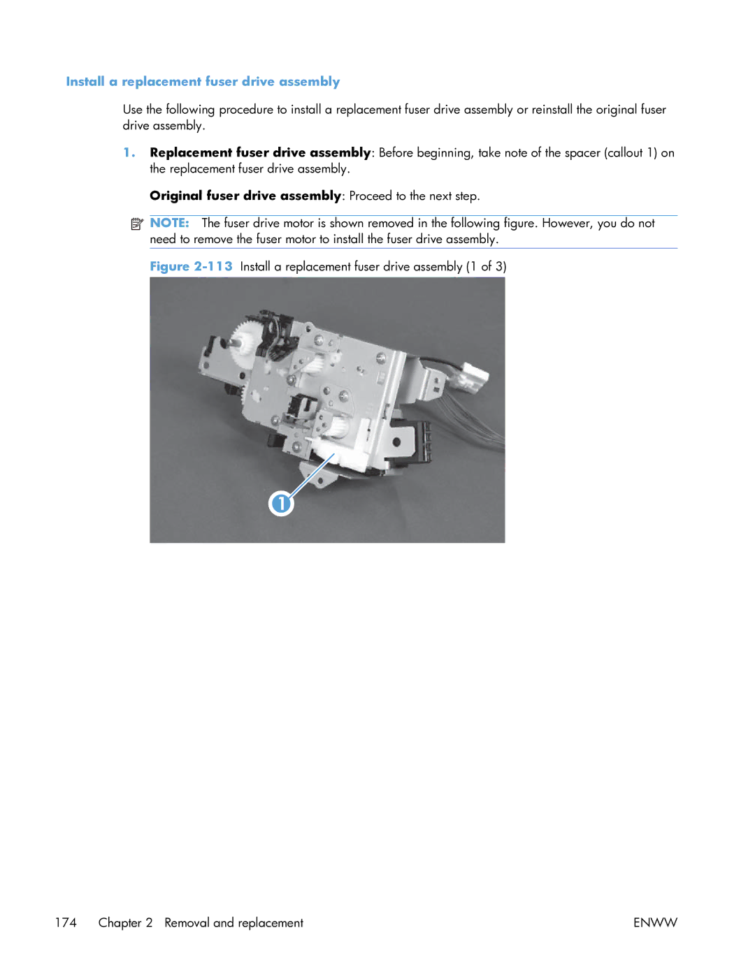 HP Enterprise CP5525 Install a replacement fuser drive assembly, Original fuser drive assembly Proceed to the next step 