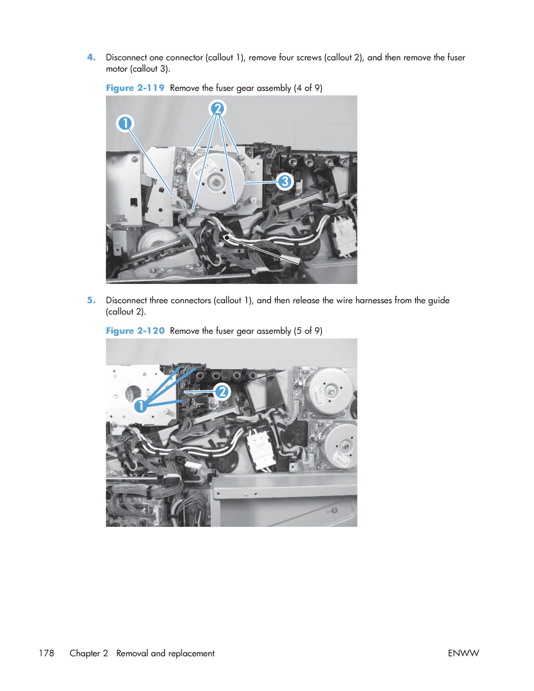 HP Enterprise CP5525 manual 120Remove the fuser gear assembly 5 Removal and replacement 