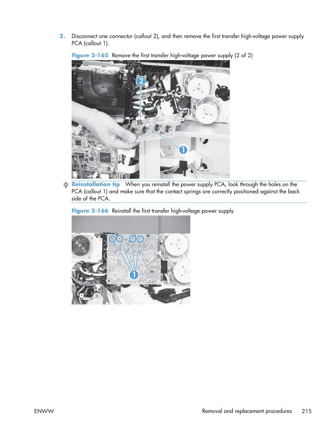 HP Enterprise CP5525 manual 166Reinstall the first transfer high-voltage power supply 