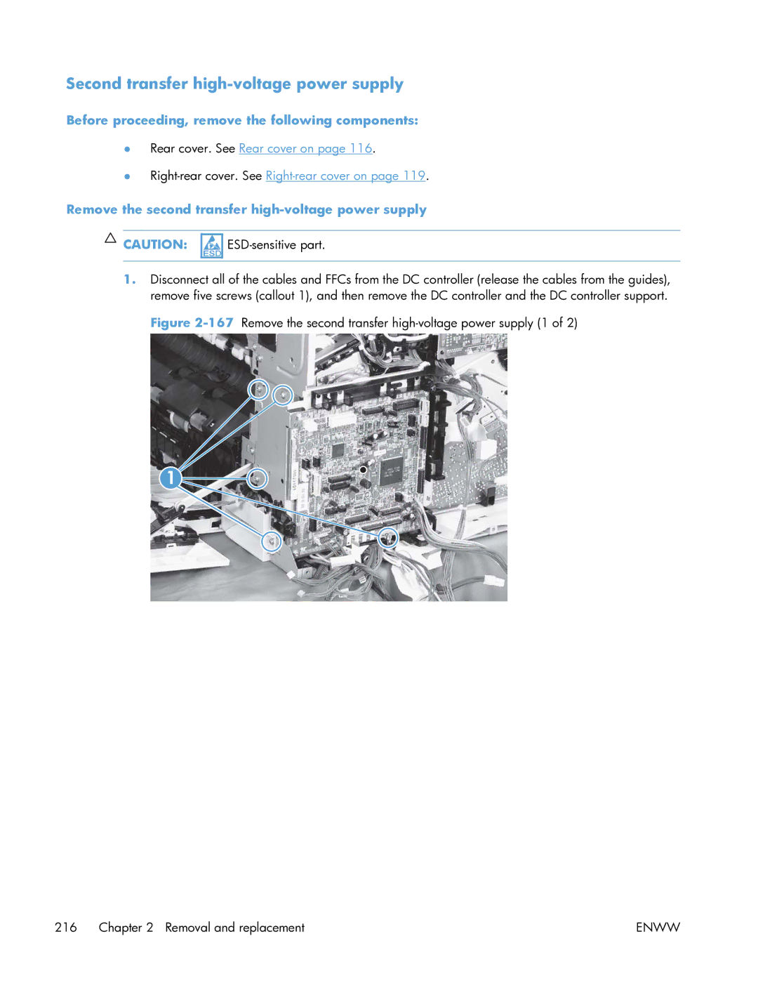 HP Enterprise CP5525 manual Second transfer high-voltage power supply, Remove the second transfer high-voltage power supply 