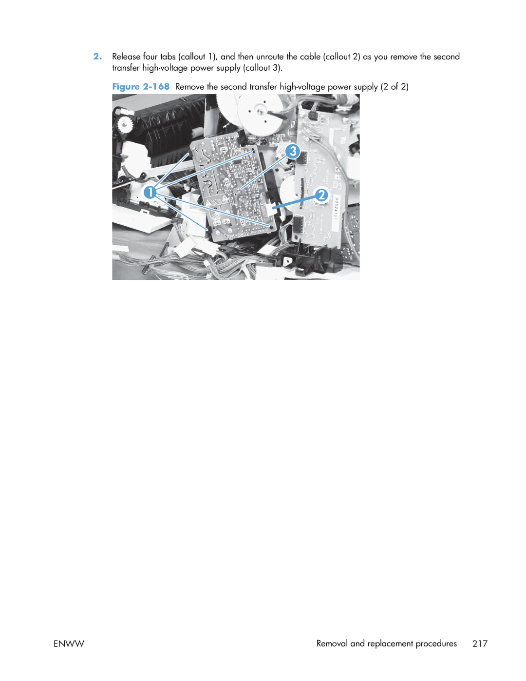 HP Enterprise CP5525 manual 168Remove the second transfer high-voltage power supply 2 