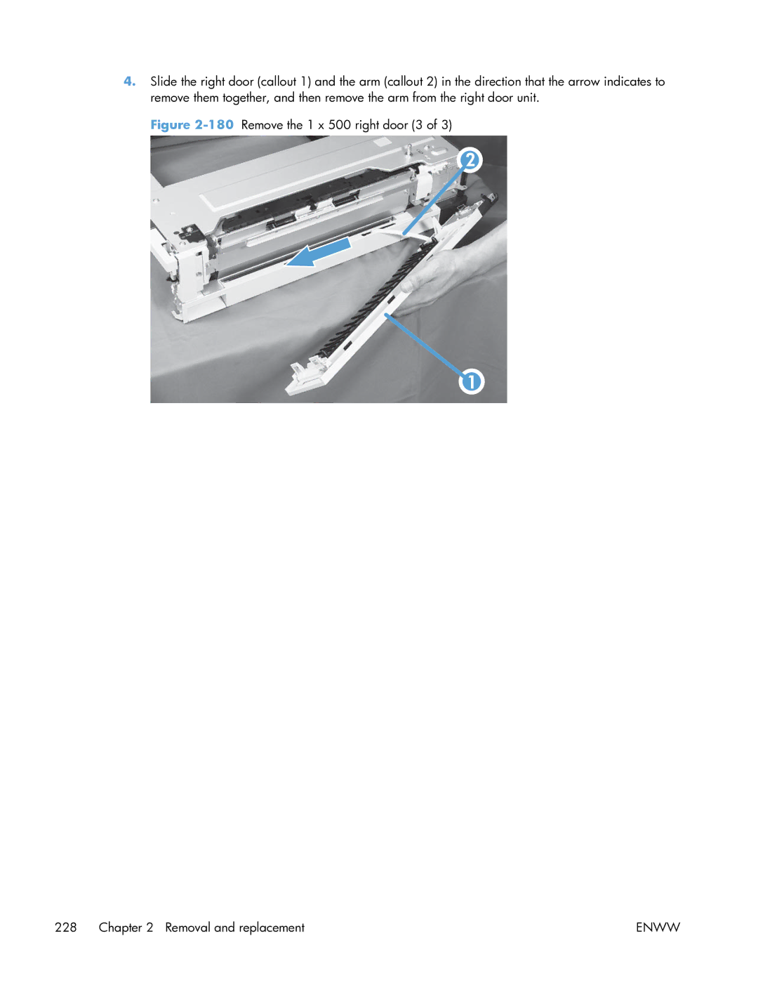 HP Enterprise CP5525 manual 180Remove the 1 x 500 right door 3 Removal and replacement 