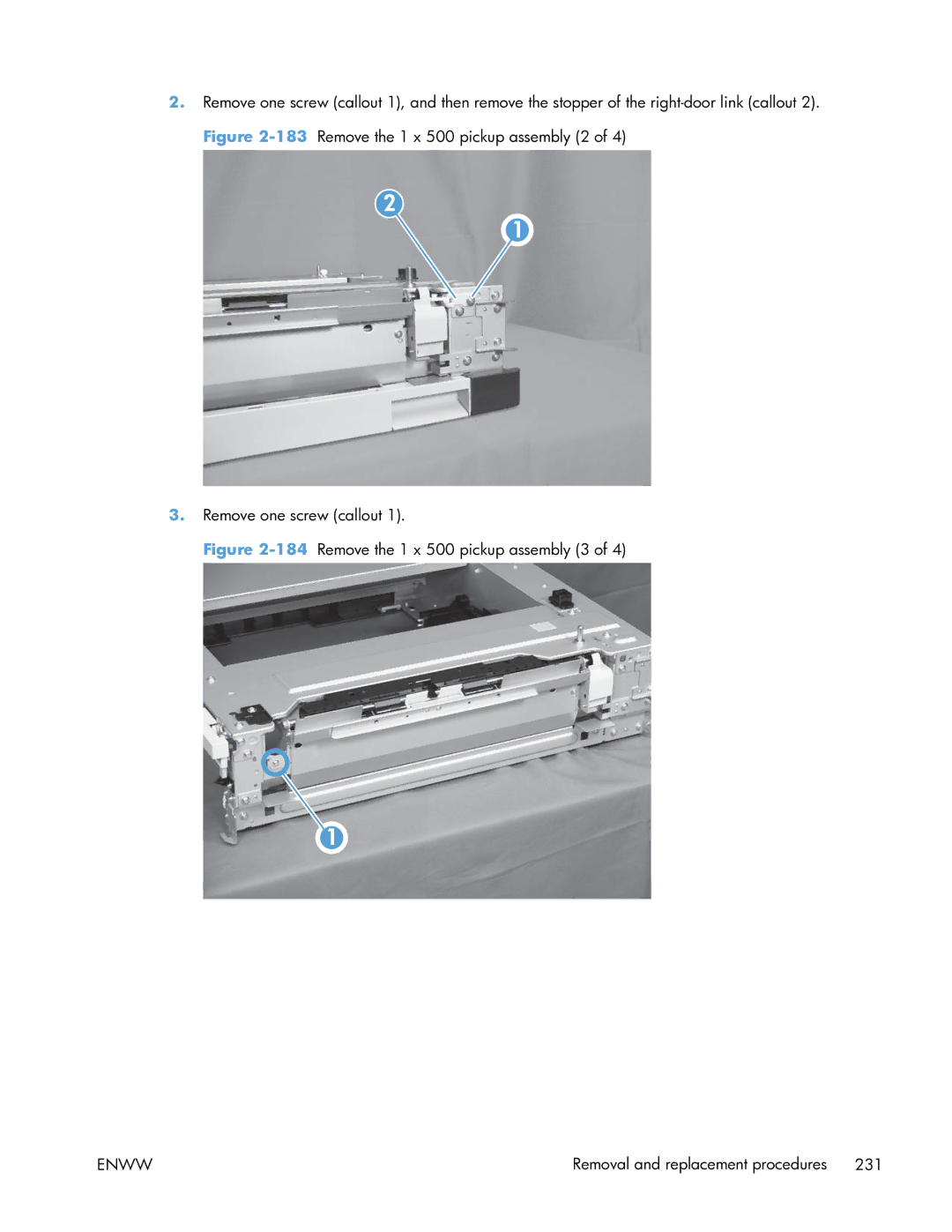 HP Enterprise CP5525 manual 184Remove the 1 x 500 pickup assembly 3 