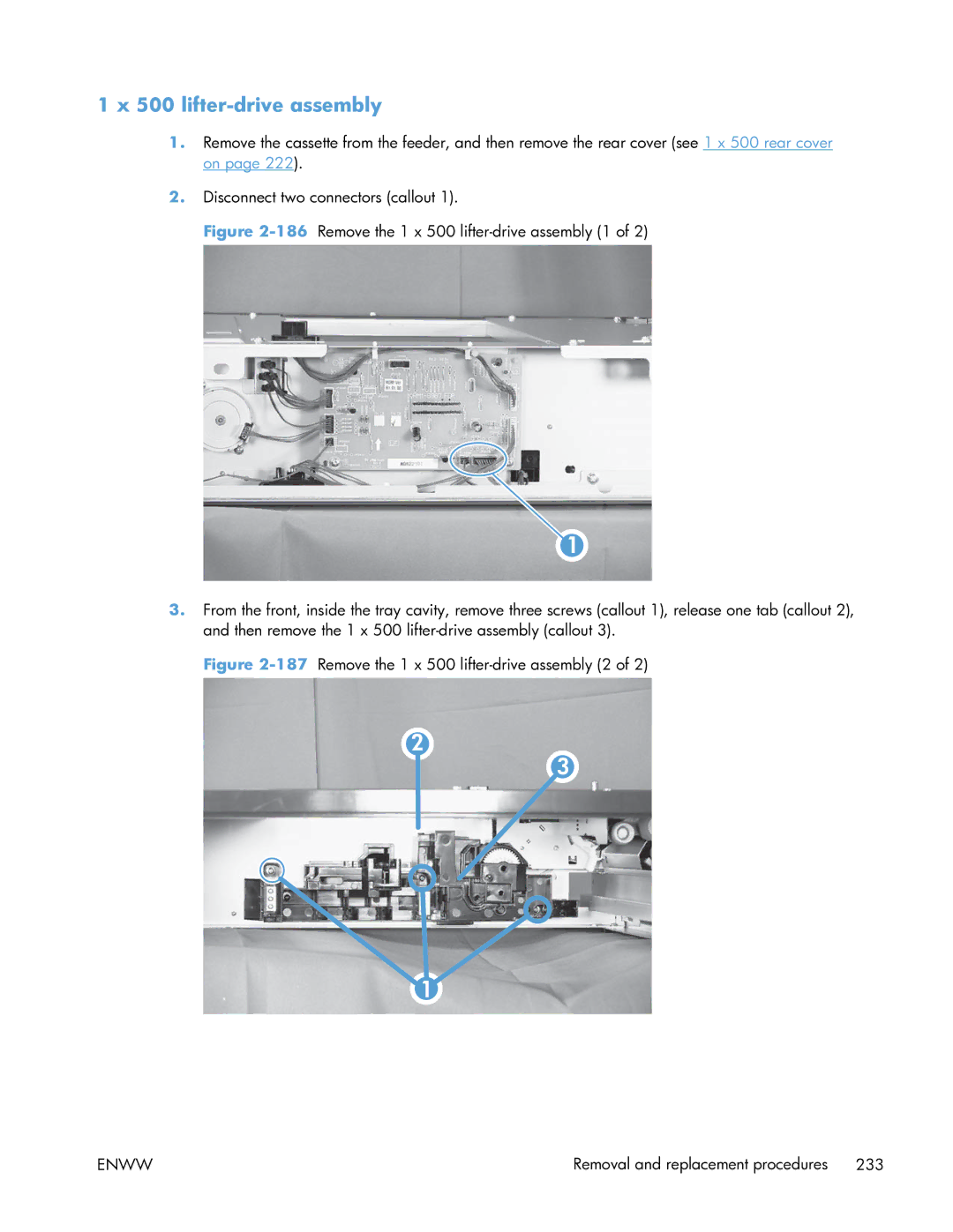 HP Enterprise CP5525 manual 187Remove the 1 x 500 lifter-drive assembly 2 