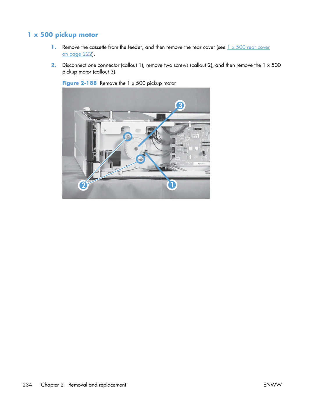 HP Enterprise CP5525 manual 188Remove the 1 x 500 pickup motor Removal and replacement 