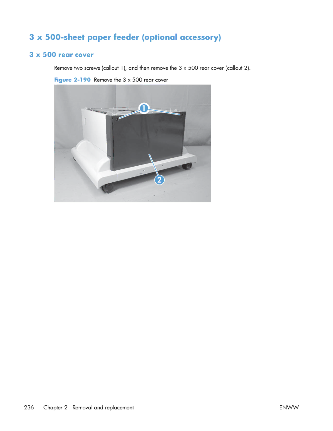 HP Enterprise CP5525 manual sheet paper feeder optional accessory, 190Remove the 3 x 500 rear cover Removal and replacement 