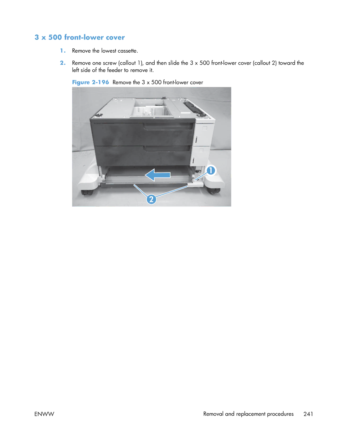 HP Enterprise CP5525 manual 196Remove the 3 x 500 front-lower cover 