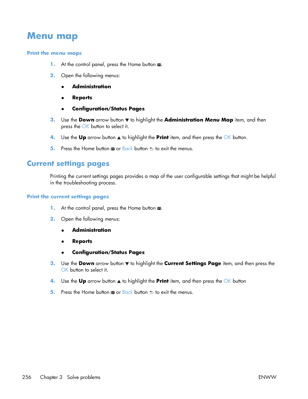 HP Enterprise CP5525 manual Menu map, Current settings pages, Print the menu maps, Print the current settings pages 