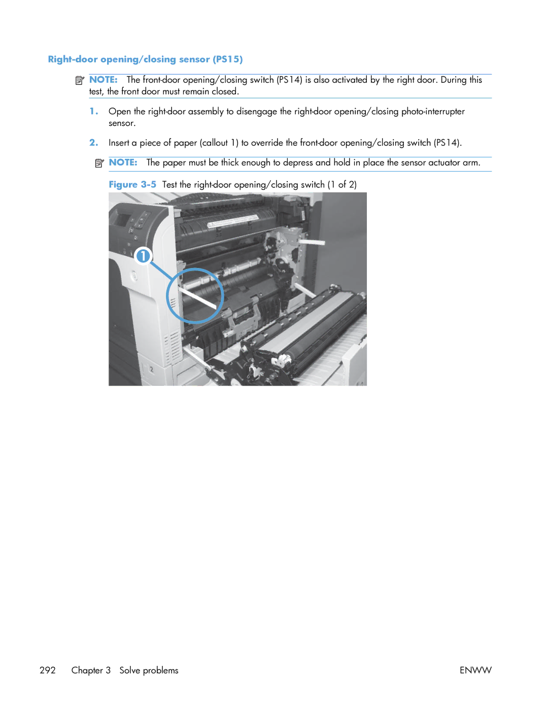 HP Enterprise CP5525 Right-door opening/closing sensor PS15, 5Test the right-door opening/closing switch 1 Solve problems 