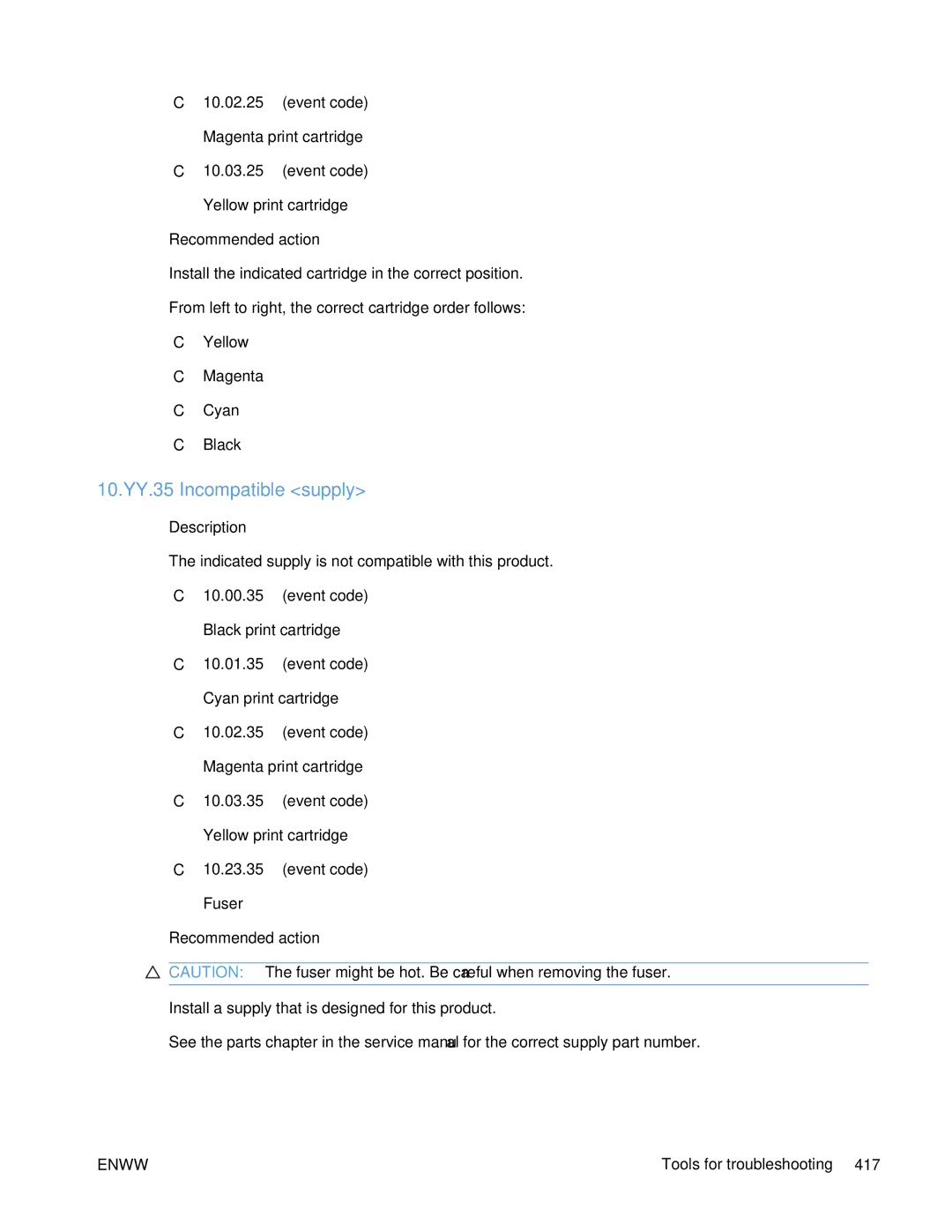 HP Enterprise CP5525 manual 10.YY.35 Incompatible supply 