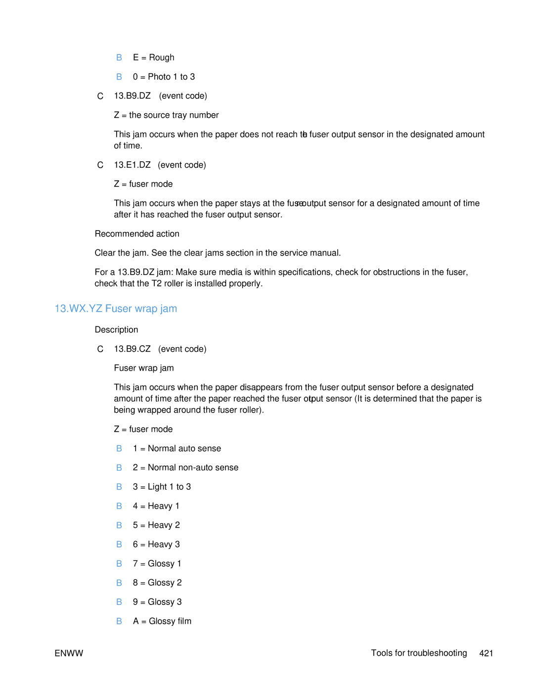 HP Enterprise CP5525 manual 13.WX.YZ Fuser wrap jam 