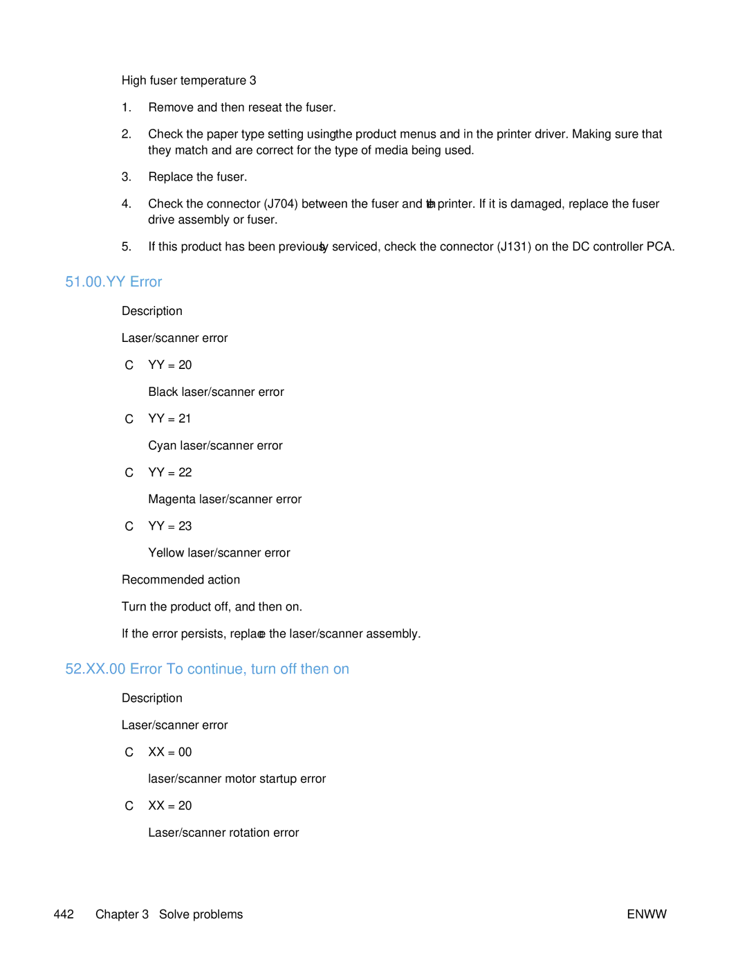 HP Enterprise CP5525 manual YY Error, 52.XX.00 Error To continue, turn off then on 