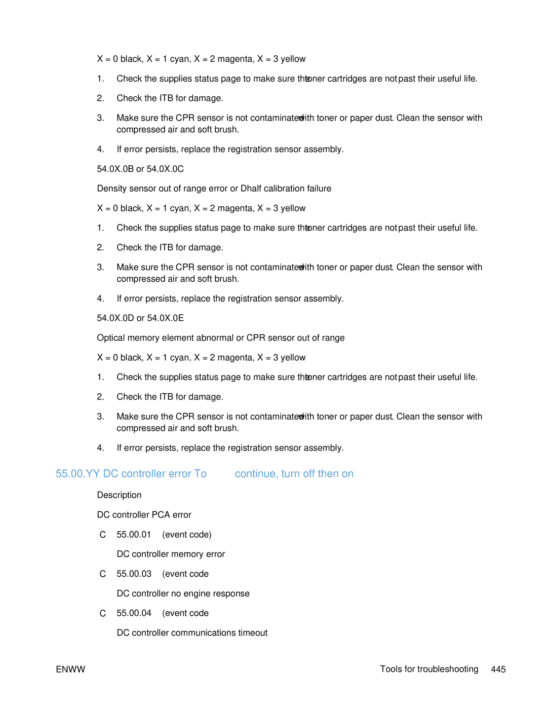 HP Enterprise CP5525 manual YY DC controller error To continue, turn off then on 