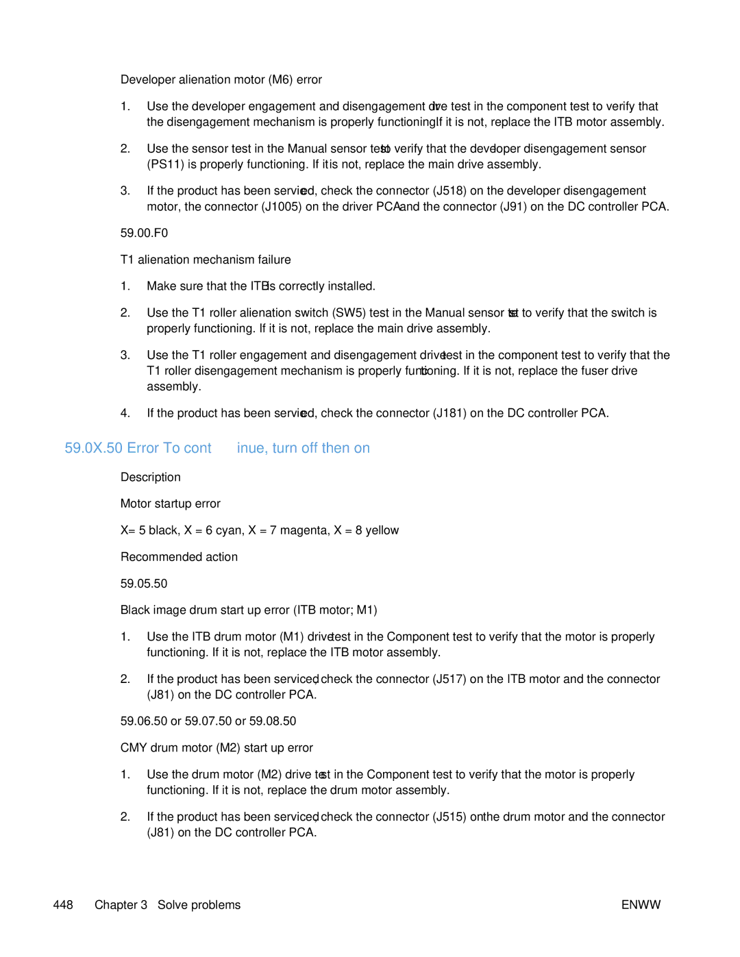HP Enterprise CP5525 manual 59.0X.50 Error To continue, turn off then on, 59.00.F0, Recommended action 59.05.50 