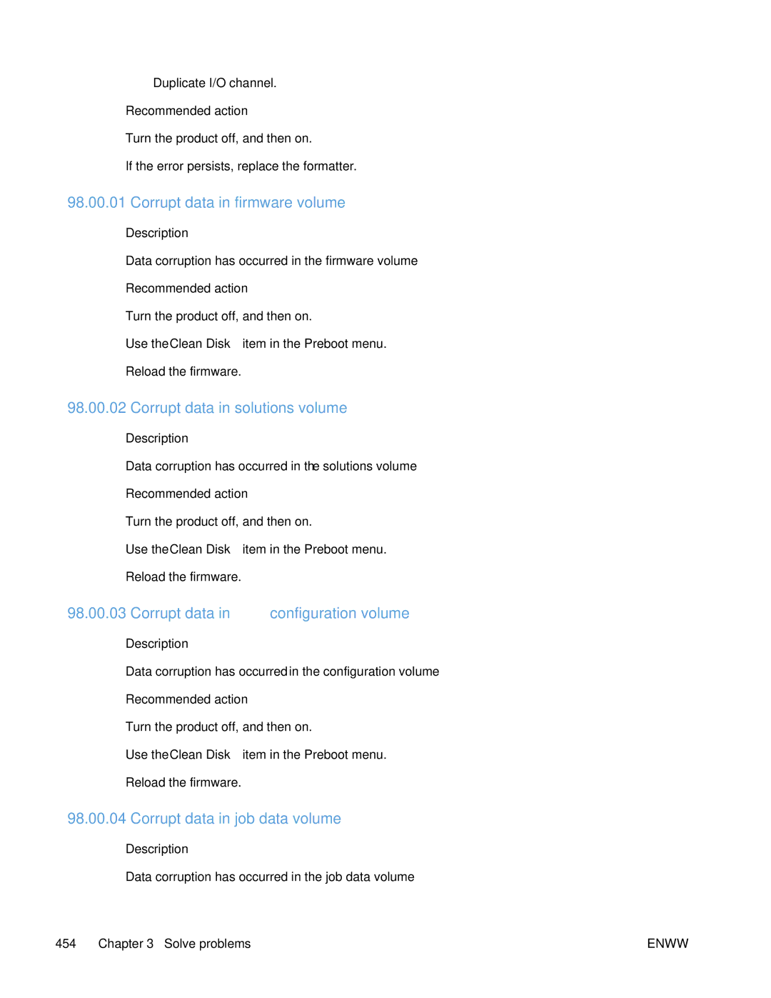 HP Enterprise CP5525 Corrupt data in firmware volume, Corrupt data in solutions volume, Corrupt data in job data volume 