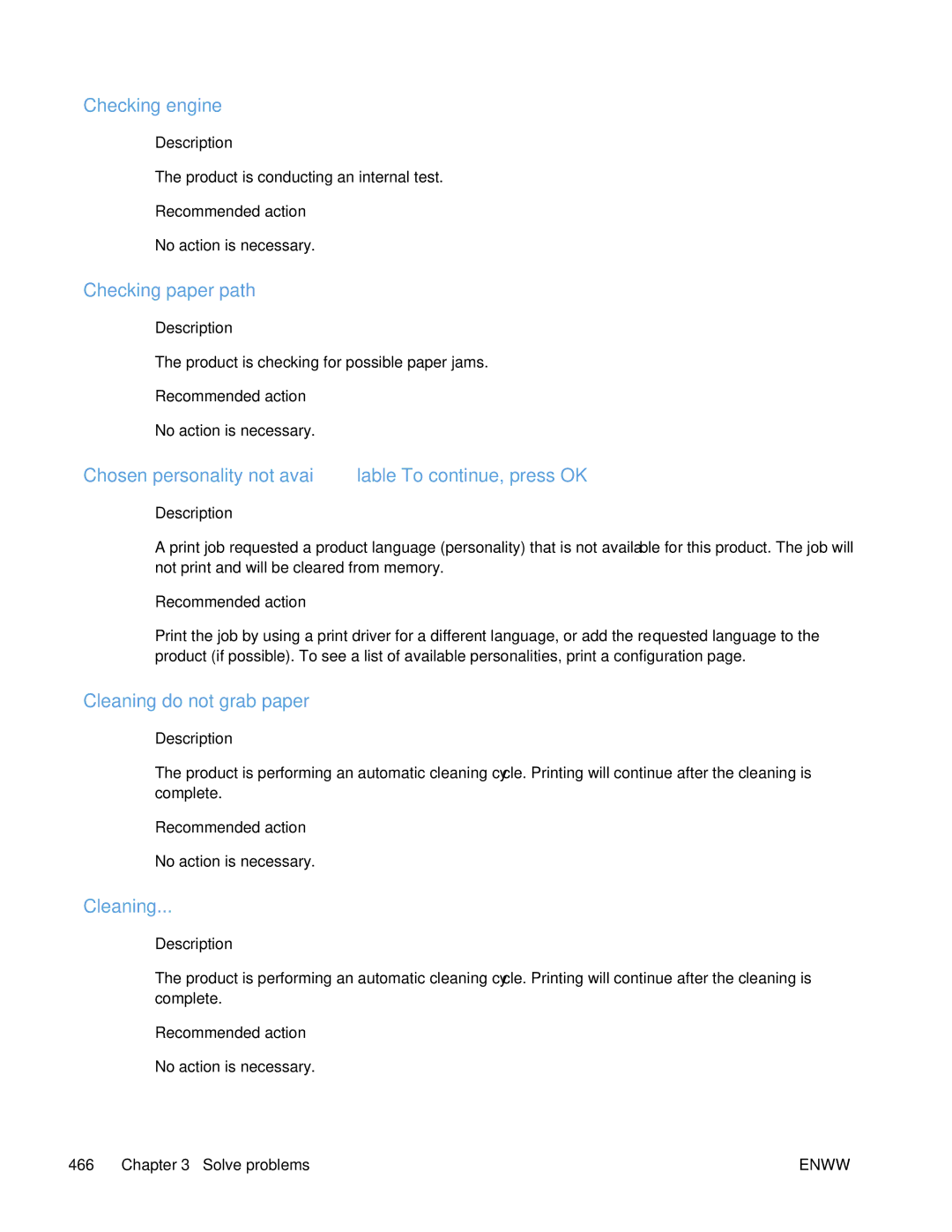 HP Enterprise CP5525 manual Checking engine, Checking paper path, Chosen personality not available To continue, press OK 