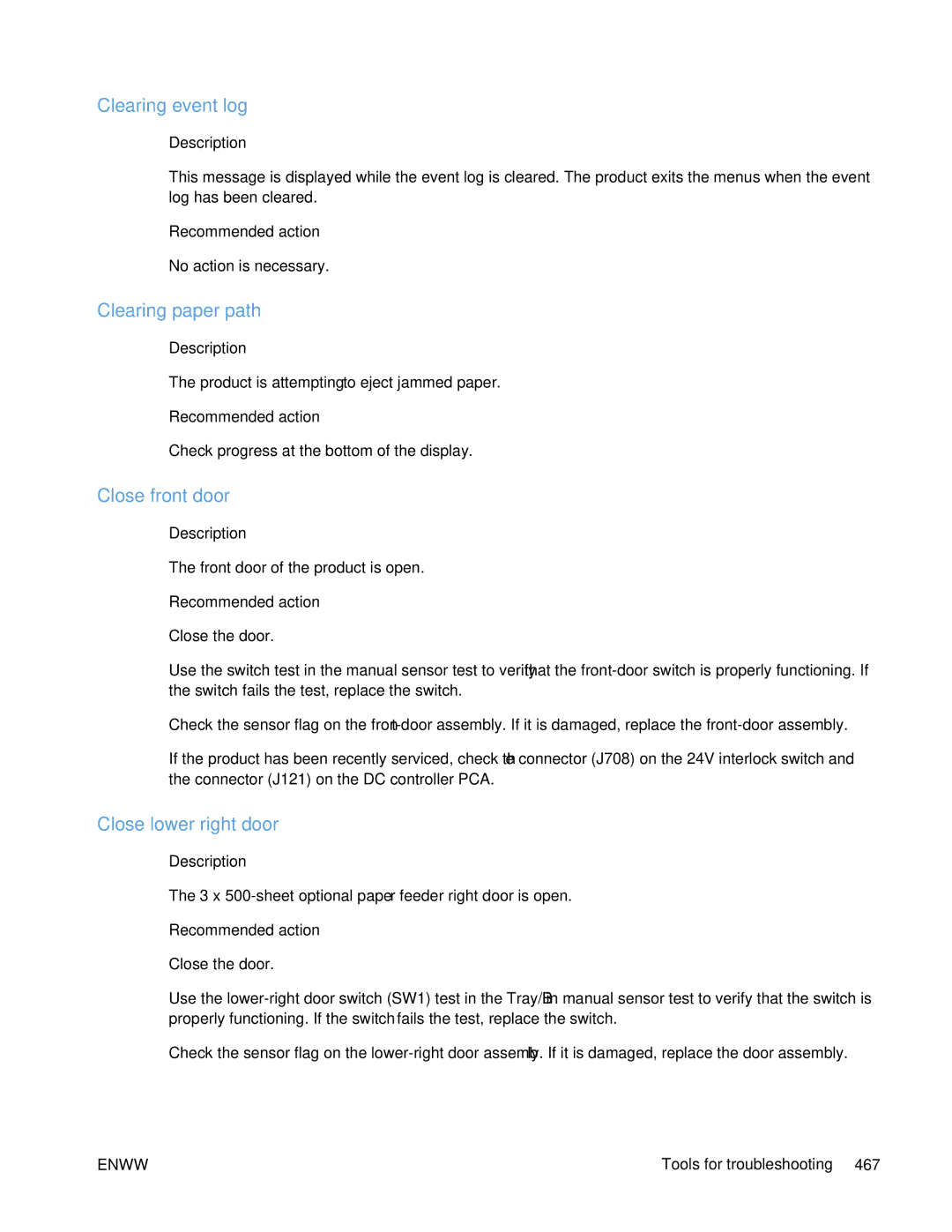 HP Enterprise CP5525 manual Clearing event log, Clearing paper path, Close front door, Close lower right door 