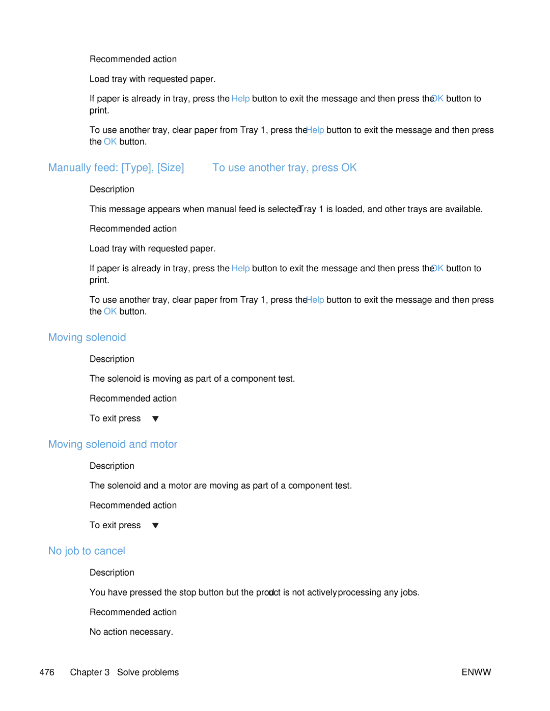 HP Enterprise CP5525 manual Manually feed Type, Size To use another tray, press OK, Moving solenoid and motor 