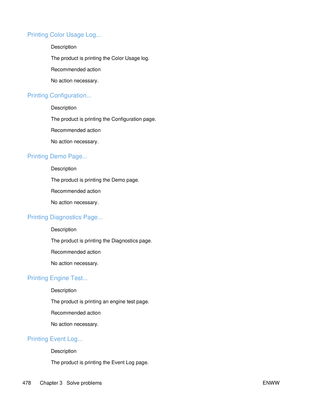 HP Enterprise CP5525 manual Printing Color Usage Log, Printing Configuration, Printing Demo, Printing Diagnostics 