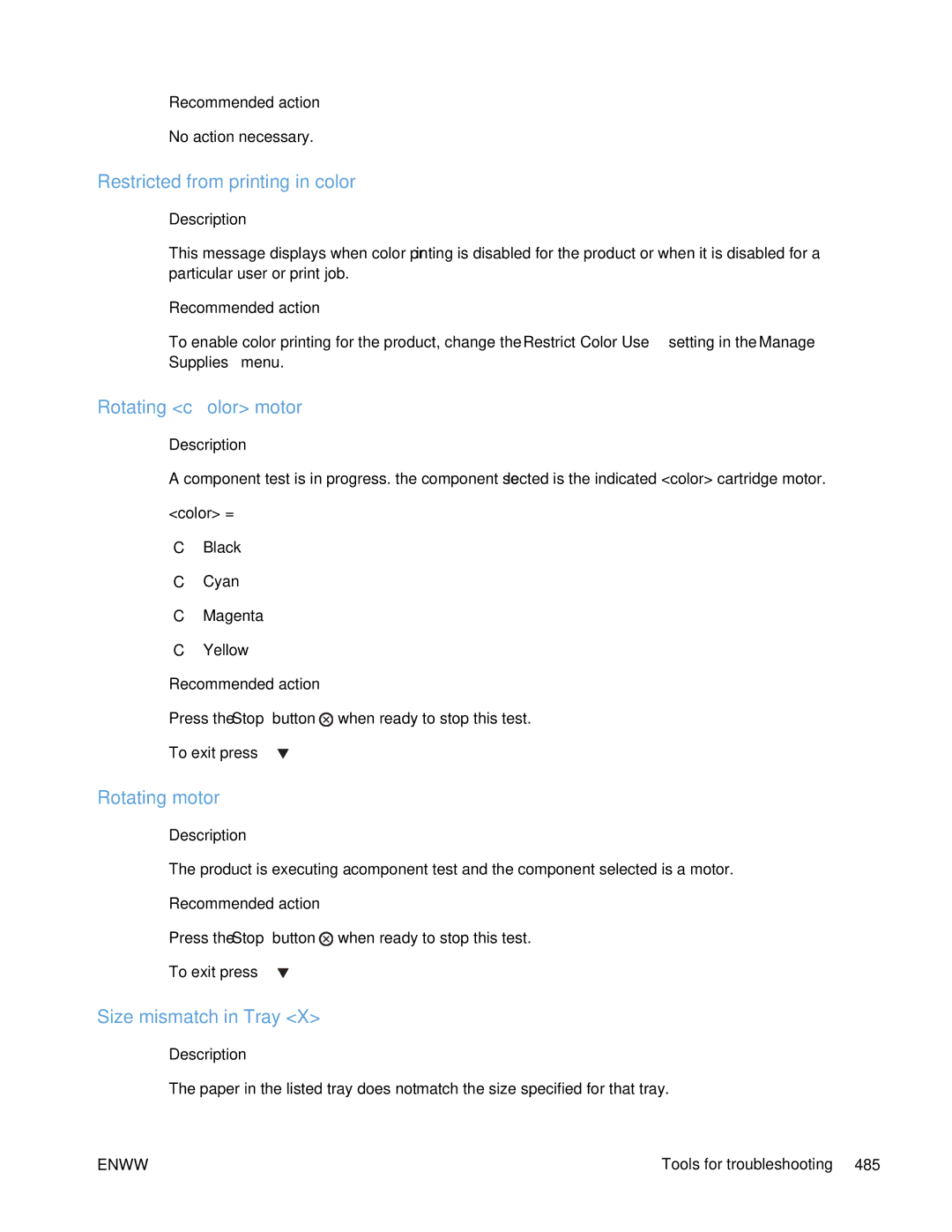 HP Enterprise CP5525 manual Restricted from printing in color, Rotating color motor, Rotating motor, Size mismatch in Tray 