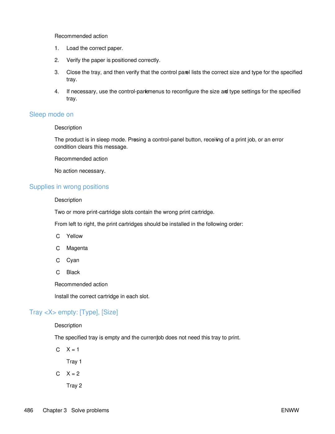 HP Enterprise CP5525 manual Sleep mode on, Supplies in wrong positions, Tray X empty Type, Size 