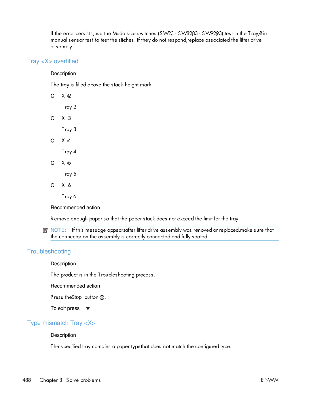 HP Enterprise CP5525 manual Tray X overfilled, Troubleshooting, Type mismatch Tray 