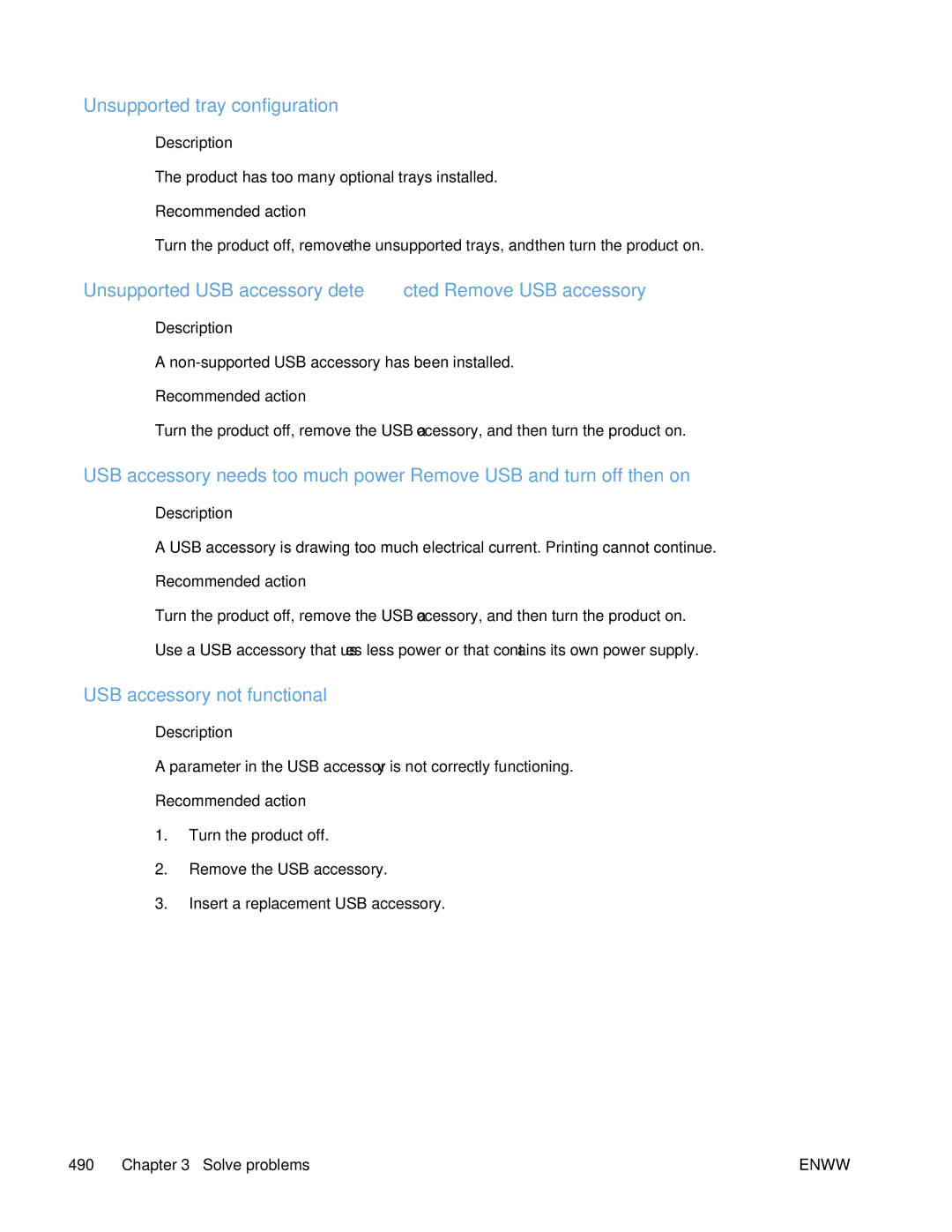 HP Enterprise CP5525 manual Unsupported tray configuration, Unsupported USB accessory detected Remove USB accessory 