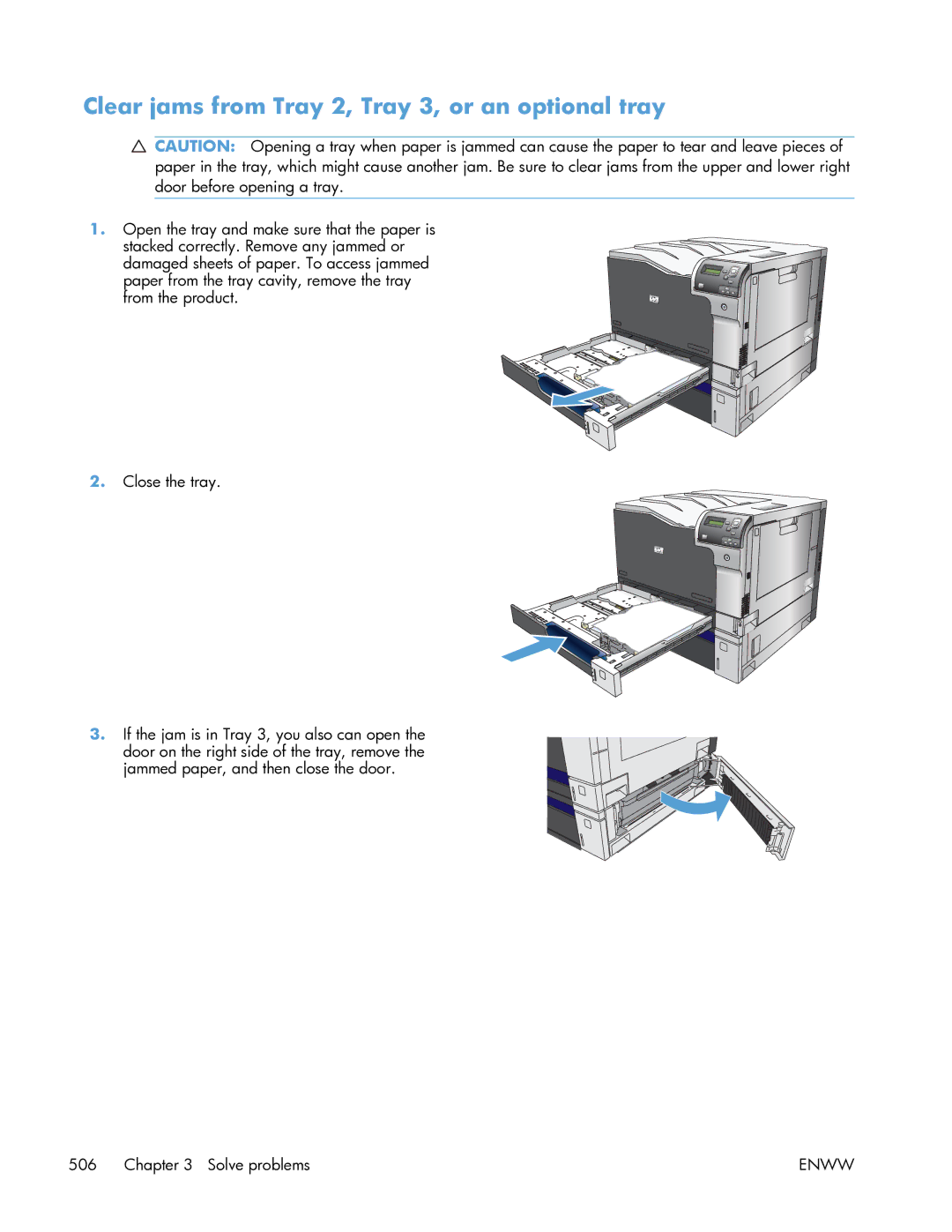 HP Enterprise CP5525 manual Clear jams from Tray 2, Tray 3, or an optional tray 