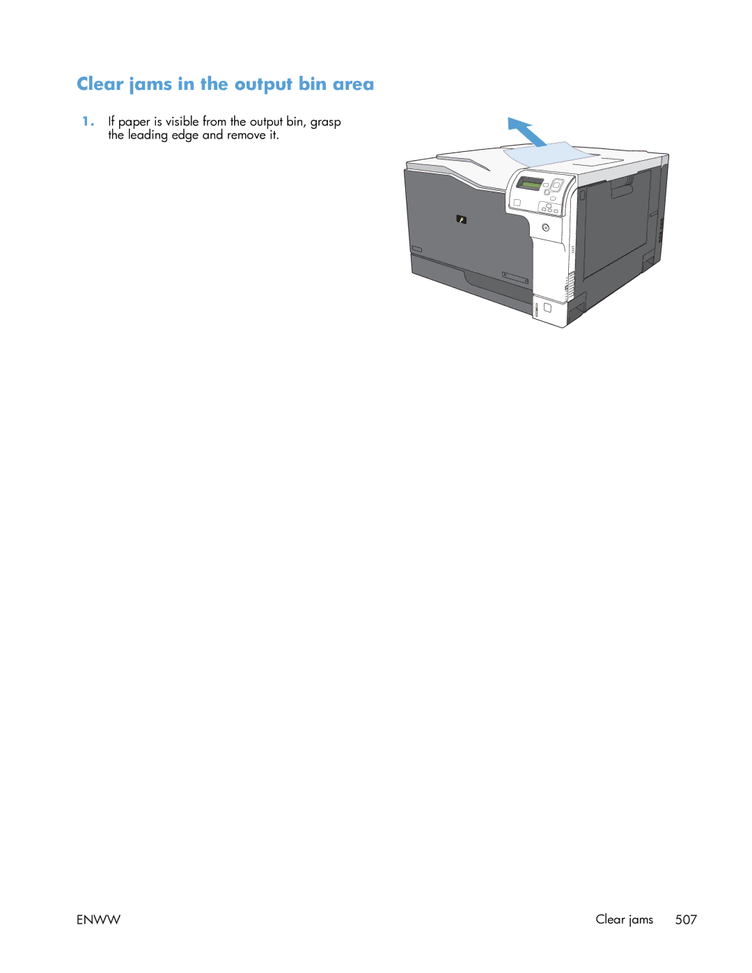 HP Enterprise CP5525 manual Clear jams in the output bin area 