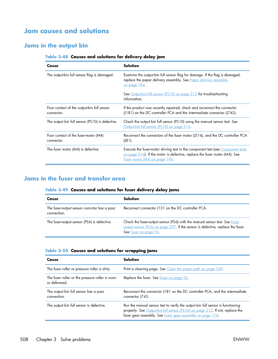 HP Enterprise CP5525 manual Jam causes and solutions, Jams in the output bin, Jams in the fuser and transfer area 