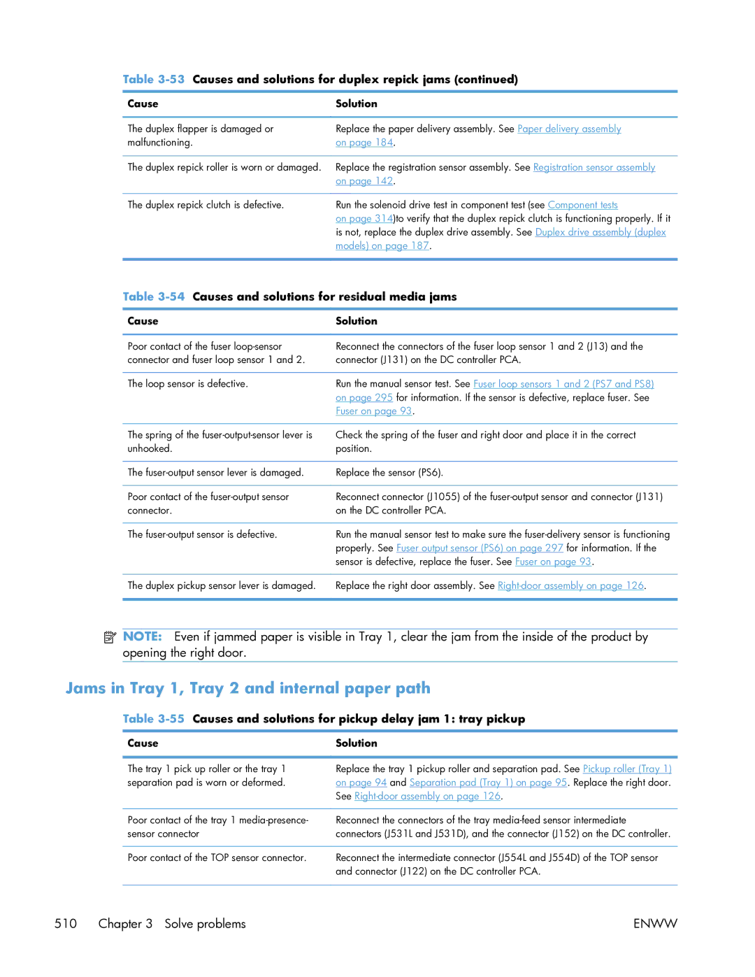 HP Enterprise CP5525 manual Jams in Tray 1, Tray 2 and internal paper path, 54Causes and solutions for residual media jams 